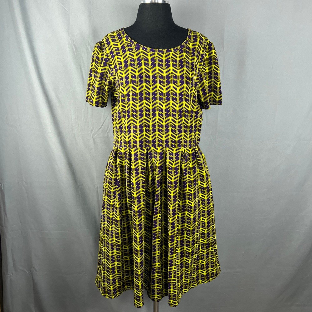 Lularoe Amelia Fit Flare Dress Womens XL Multicolor Herringbone Stretch Pleated